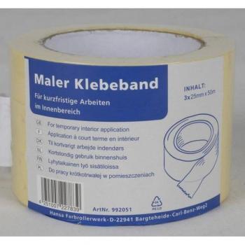 Maler‑Klebeband Hansa 25 mm x 50 m, 36 Rollen (12×3) für professionelles Abkleben und Farbschutz