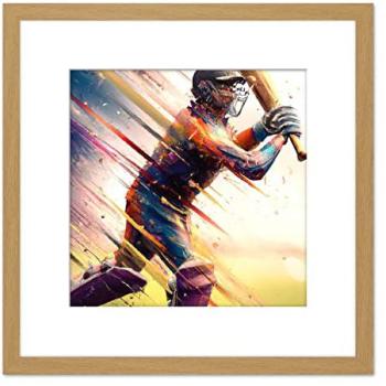 Artery8 Cricket Batsman Splatter Art Print – 8” Square, Light Oak Wood Frame