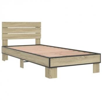Estructura cama madera ingeniería metal roble Sonoma 90x200 cm Marrón