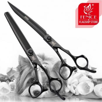 Black Pet Grooming Scissors Set - 7/7.5 Inch Cutting and Thinning Shears for Dogs