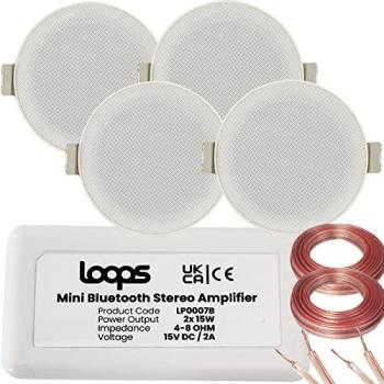 Loops Bluetooth Ceiling Music Kit Mini Amp & 4 Low Profile Speakers Stereo HiFi Sound