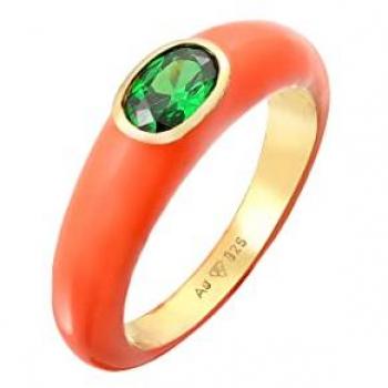 Bague en argent plaqué or avec émail orange et pierre verte ovale - Femme