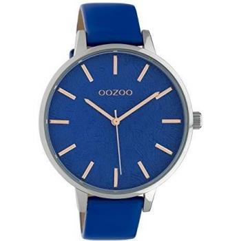 Oozoo Luxus‑Damenuhr 43 mm – Silbergrau mit blauen Akzenten, Lederband