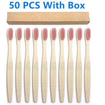 Cepillo de dientes biodegradable de bambú para adultos, cerdas suaves, sin plástico, bajo en carbono, mango de bambú - Paquete de 50