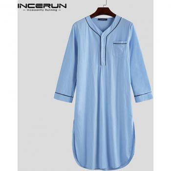 INCERUN Men's Cozy Bathrobe Long Sleeve V Neck Nightgown