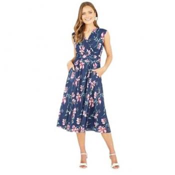 Blue Wave Floral Mesh Midi Dress with Pockets – Size 16 UK