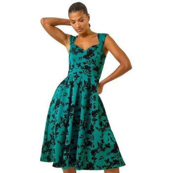 Roman Premium Stretch Teal Glitter Floral Dress – Size 16