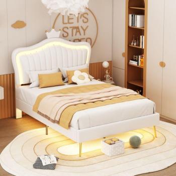 Letto Giroletto Bambini 90x200 cm con Rete a Doghe, Corona Bianca in Pelle PU e Luci LED