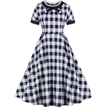 Vestido Largo Retro de Algodón con Botones y Cuello Redondo a Cuadros para Mujer