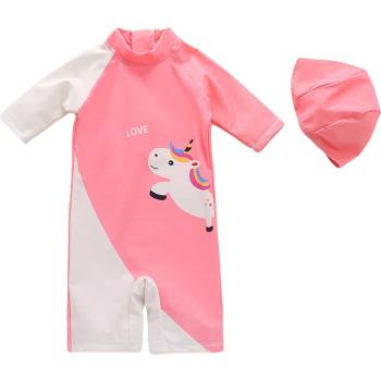 Girls' Sun Safe Swimsuit Set - Adorable Cartoon Animal Back Zipper Playsuit with Cap (Ages 2-7T)