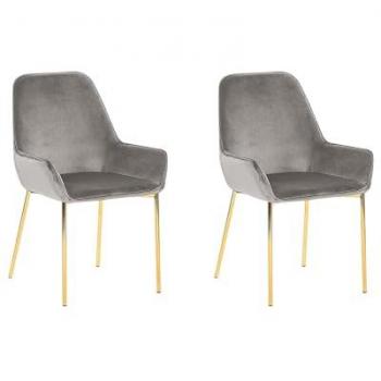 Set of 2 Grey Velvet Upholstered Dining Chairs with Gold Metal Legs