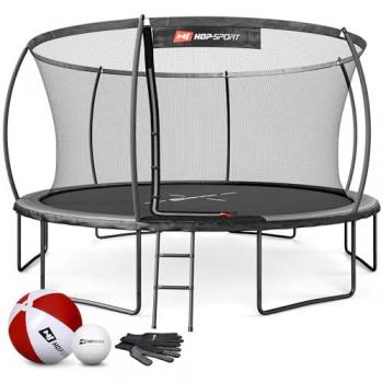 Trampoline Hop-Sport 427 cm de diamètre, Certifié GS, avec filet de sécurité, échelle, barres courbées, Capacité 150 kg, Gris