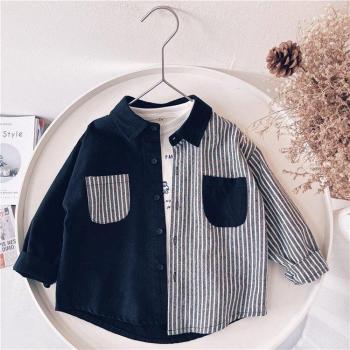 Chemise rayée patchwork à col revers pour bébés garçons, en coton, manches longues, 2-7 ans