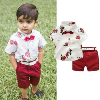 Kids' Gentleman Floral Print Shirt with Red Shorts Set (3 Pieces, 1-7 Years)