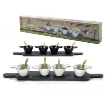 Service Antipasti avec 4 Petits Plat et Cuillères en Bambou et 1 Plateau en Ardoise