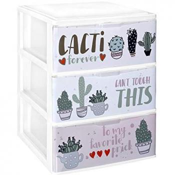Cajonera de Plástico Iris - Modelo Apilable con 3 Cajones y Decorado de Cactus (380 x 370 x 473 mm)