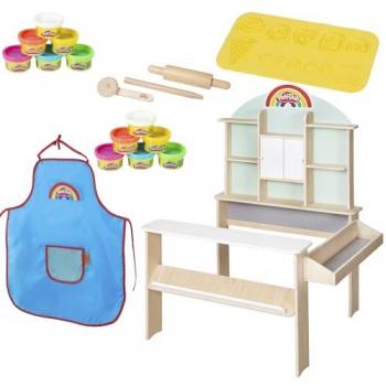 Kaufmannsladen Knet‑Töpfe Set – 12 Töpfe, Schürze, Zubehör, Holzbasis