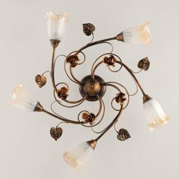 Plafoniera in ferro laccato marrone con decorazione oro ducale e vetri bianchi e ambra 5 luci Marrone Oro Cestino