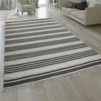Paco Home Handgemachter Wolle-Kelim‑Teppich – gestreift in Creme & Braun mit Fransen – 160×230 cm