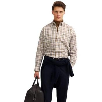 Bugatti Modern Fit Langarm‑Kariert Shirt mit Brusttasche – Beige Easy Care