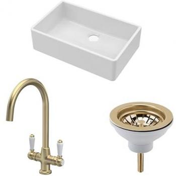 Fireclay 1 Bowl Butler Sink Waste Mono Lever Tap Brushed Brass 795mm