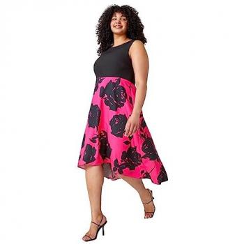 Roman Curve Plus Size Floral Midi Dress - Pink - Size 20 UK