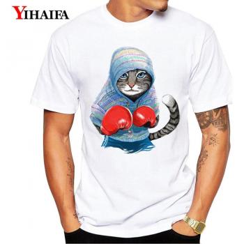 3D Printed Slim Fit Men's T-Shirt with Cat Design