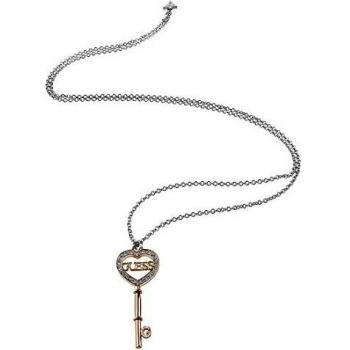 Guess Damen‑Schmuckkette HEART KEY in Messing & rosärem Kristall – Einheitsgröße