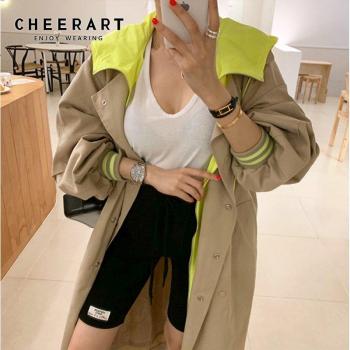 EWQ Damen Lange Trenchcoat mit Kapuze