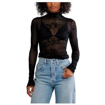 Black Feminine Mesh Long Sleeve T‑Shirt – Size Small