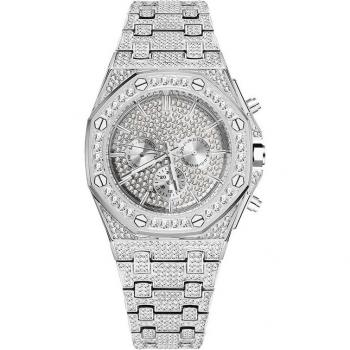 MISSFOX Men's Fully Iced Out Chronograph Watch - 18K Gold Plated Stainless Steel