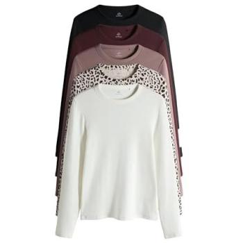 5er Set Ripp Langarmshirts in Mauve/Berry/Leopard/Schwarz/Creme