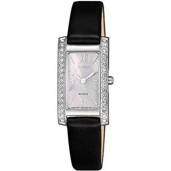 Citizen Damenuhr Rechteckig Eco-Drive Analog – Lederarmband schwarz, Perlmuttzifferblatt EX1471‑16D