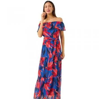 Robe Longue Ceinturée à Fleurs Bleues