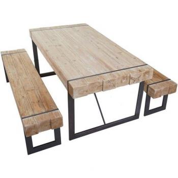 Rustikale Esszimmergarnitur A15, Esstisch mit 2 Bänken, Tanne, 200 cm
