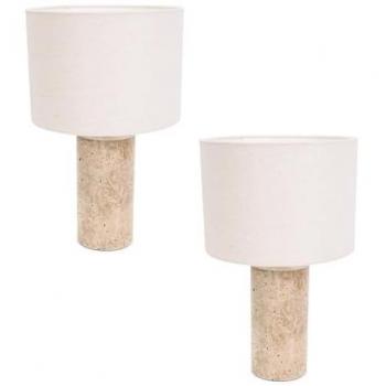 Cloe Pair of Marble Effect Natural Table Lamps with Drum Shades and LED Bulbs