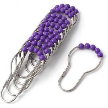 Rideau de douche violet, rouleau à boules, anneaux & crochets – 12 unités