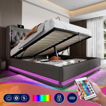 Lit Double Modfu 140x200cm, Coton, Gris, Sans Matelas