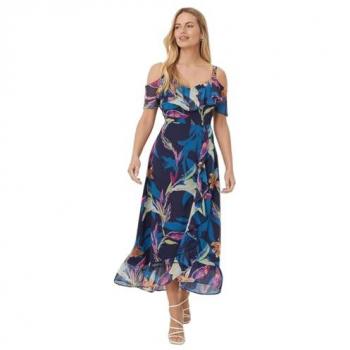 Wallis Womens Petite Palm Print Glitter Cold Shoulder Midi Dress - Navy - Size 20 UK