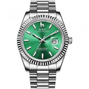 BUREI Men's Fashion Silver Green Quartz Watch