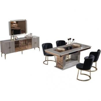Xlmoebel Stilvolles Esszimmer-Set – Esstisch + 4 Stühle + Anrichte + Spiegel (7‑tlg.)