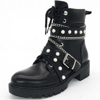 BONJOMARISA Women's Chain Square Heel Boots