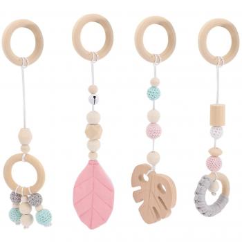 Ensemble d’Accroches Gyms pour Bébé – 4 pièces, Bois, Rose (26×5 cm)