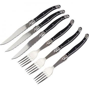 Juego de 6 piezas: cuchillo y tenedor de carne en acero inoxidable Laguiole con mango de ABS negro