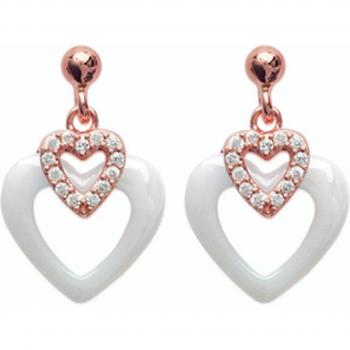 Gold Plated Love Earrings in White Ceramic with Pink Details by Les Trésors De Lily, L4686