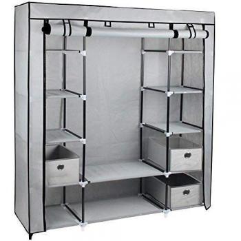 Large Grey Fabric Canvas Wardrobe With Hanging Rail