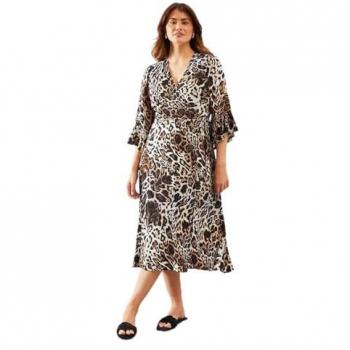 Leopard Print Wrap & Ruffle Midi Dress – Natural Finish – Size 12
