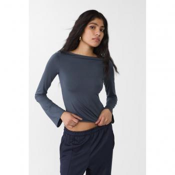 Navy Blue Boat Neck Basic T-Shirt M