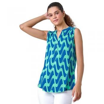 Wave Print Button Sleeveless Top