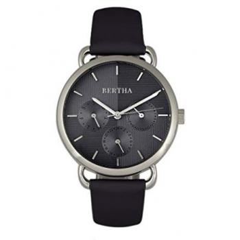 Bertha Women's Gwen Leather-Band Watch with Day & Date - Black Stainless Steel - One Size